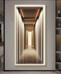 Gold Frame Modern 3D Effect Crystall Procelein Painting With Lighting